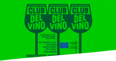 Green banner promoting Club Del Vino presented by Pizza Pilgrims