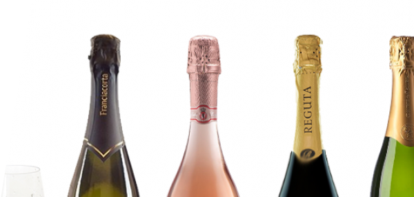 Four bottles of sparkling wine and a glass of sparkling wine